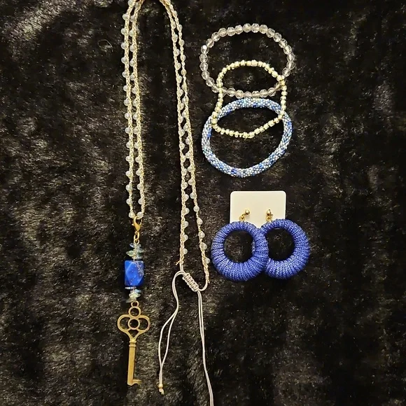 Gold Key Pendant 30" Necklace with Blue Bead Accent, Earrings, Bracelets - Picture 6 of 6